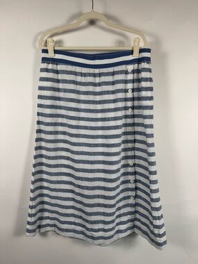 J. Jill Love Linen Seaside Striped Midi Skirt Blue White Button Side Coastal LP
